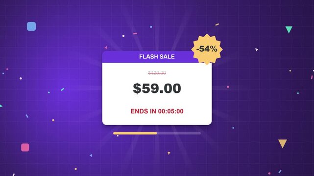 Flash sale countdown timer with discount badge, price drop animation and progress bar on green screen, modern flat design for promotion, marketing and ecommerce sale campaign motion graphic