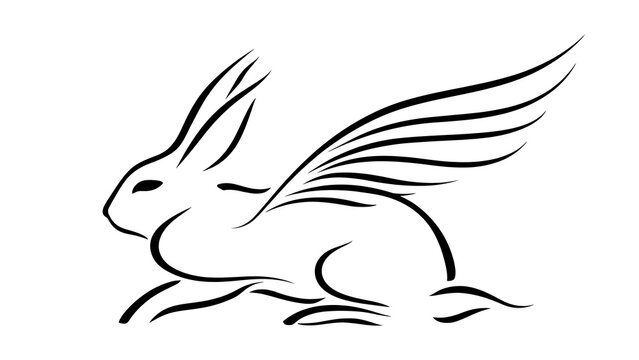 Illustration of mythical rabbit with wings white background.