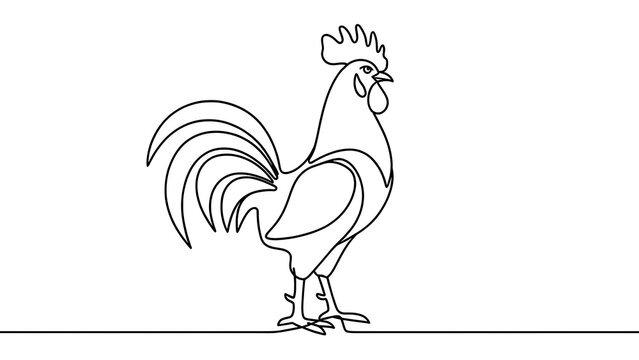 Line art rooster illustration white background.