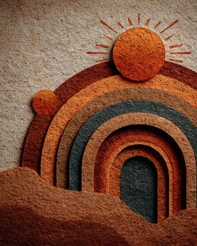 Abstract textured rainbow and sun illustration with earthy tones and layered paper cut style