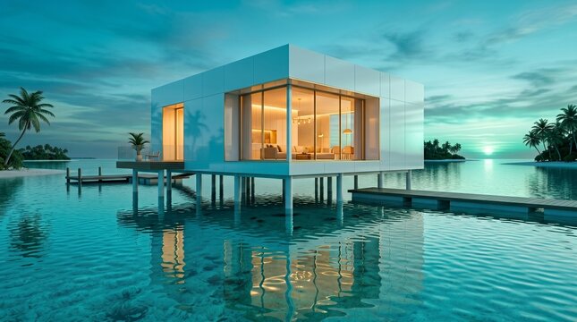 Modern minimalist white cube house on stilts over clear turquoise water in a tropical paradise