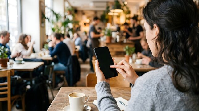 Woman using smartphone at cafe table with coffee and notebook
