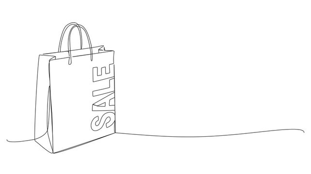 animated continuous line drawing of paper shopping bag with word SALE, shopping and retail marketing concept, line art animation