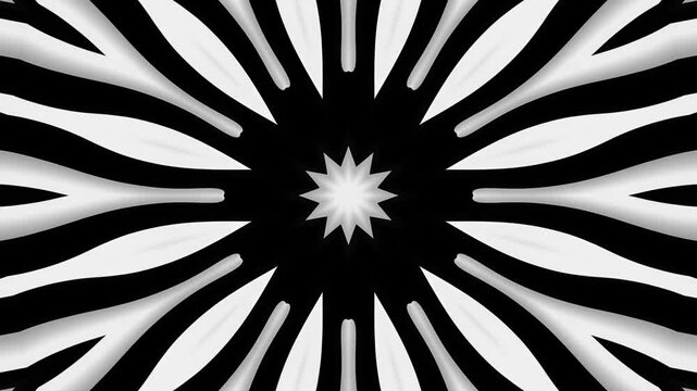 Black and white radial star burst kaleidoscope background abstract optical hypnotic geometric pattern motion