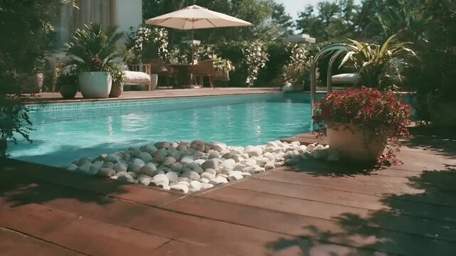 Summer hot vibe lifestyle. A vivid outdoor scene depicts a serene swimming pool surrounded by lush greenery. The pools crystal clear water reflects the surrounding greenery.