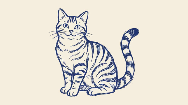 Adorable striped domestic cat kitten doodle sketch, handdrawn feline portrait vector illustration, minimalistic line art drawing of a tabby pet sitting calmly on a white background.