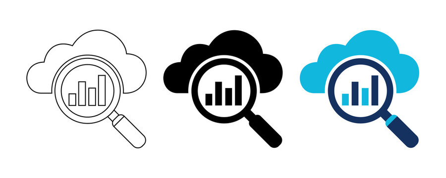 Cloud data analysis icons set featuring magnifying glass with bar chart graphics in thin line solid and colorful flat vector style.
