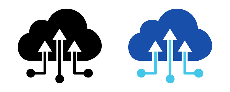 Cloud computing upload icon set showing data transfer from multiple sources to server storage via digital connection circuit lines.