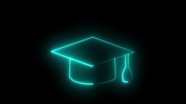 Glowing Cyan Blue Neon Graduation Cap Line Art Illustration on Black Background