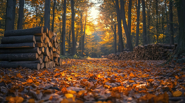 Forest clearing with freshly chopped firewood stacked along leaf covered path in autumn light
