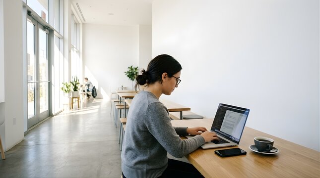 Young woman working on laptop in bright modern cafe with coffee