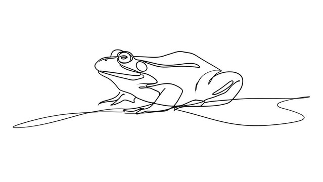 Minimalist frog line art on white background.