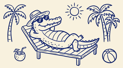 Obraz premium Whimsical Naive Doodle Vector Illustration of a Happy Crocodile Relaxing on a Comfortable Sun Lounger During Summer Vacation, Cute Reptile Character Lounging Outdoors Under the Golden Sunlight