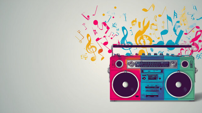 Boombox blasting music notes into a white scene with text space

