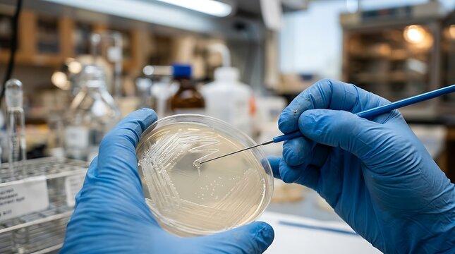 Scientist in blue gloves working with petri dish and inoculating loop in laboratory