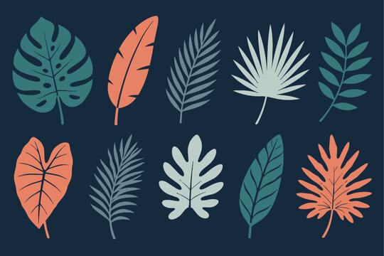 Tropical leaves in beautiful exotic colors, set of vector botanical illustrations 
