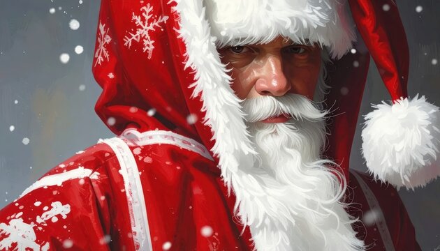 Festive Santa Claus Portrait with Snowy Details and Warm Lighting.