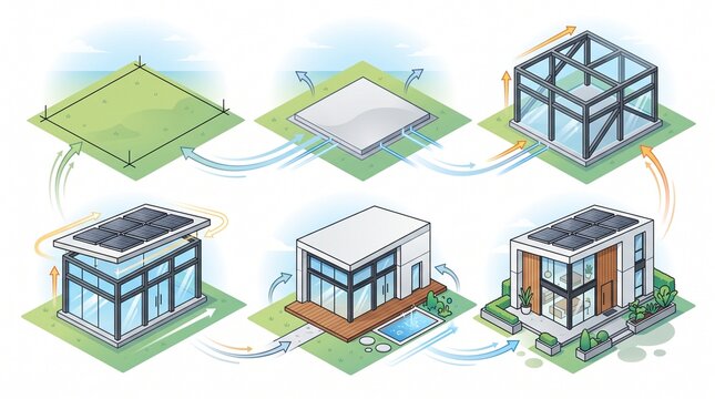 This is a clean, modern isometric illustration showing the sequential stages of constructing a contemporary eco-friendly house on a grassy plot.