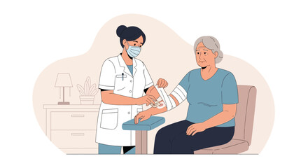 Obraz premium Nurse with mask bandaging elderly patient's arm in medical room