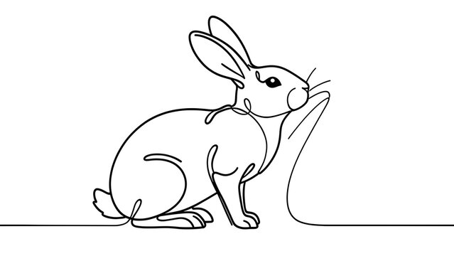 Minimalist rabbit line art illustration white background.