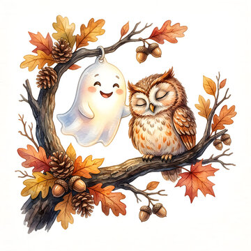 Whimsical owl and moon in a pixel art autumn forest