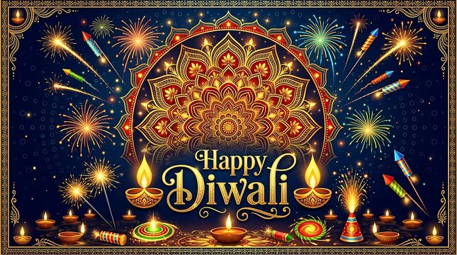Happy diwali festive background with golden mandala, glowing oil lamps diyas, and vibrant fireworks display in a dark blue night sky