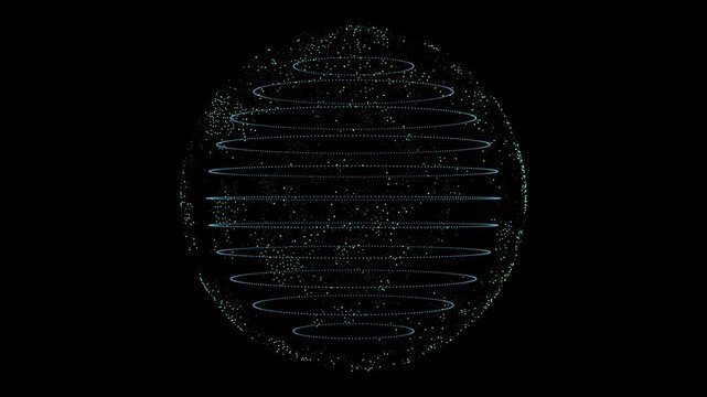 Abstract digital visualization presenting vibrant light blue wavy lines and numerous glowing particles within an oval shape. Against a deep black background, this graphic evokes concepts of data,