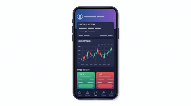 Smartphone displaying dark mode trading app UI interface with candlestick market trend chart buy sell buttons isolated on white background.