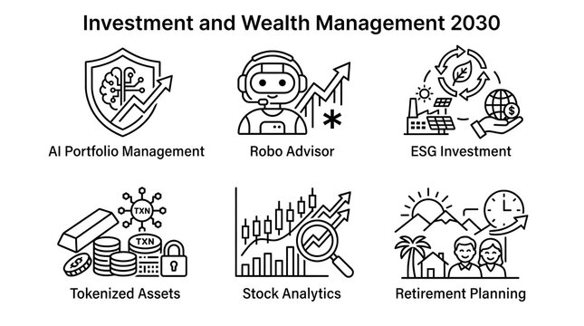 Wealth Management and Future Finance 2030 Line Icon Set