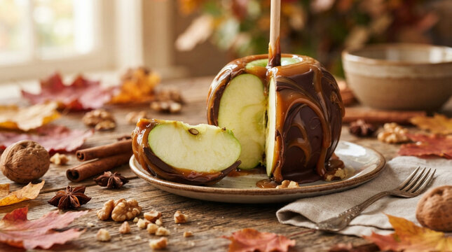 A delicious sliced caramel apple served on a rustic plate with autumn leaves and walnuts on a wooden table