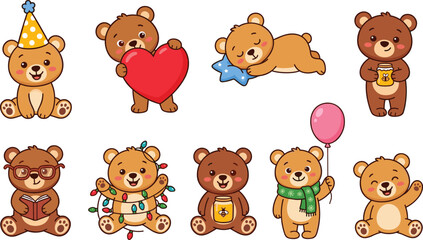 Obraz premium Cute Teddy Bear Collection Vector Illustration with Party Hat Heart Balloon Gift Toy and Adorable Cartoon Bear Character Set