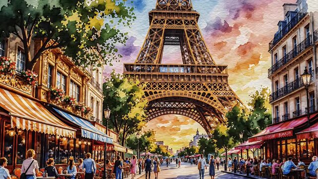 Vibrant watercolor street scene in Paris with bustling market, trees, and iconic Eiffel Tower