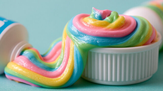Rainbow toothpaste squeezing out of a tube onto a small white dish, creating a colorful swirl against a pastel blue background