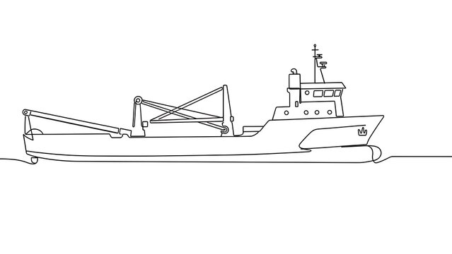 Fishing trawler line drawing on white background.