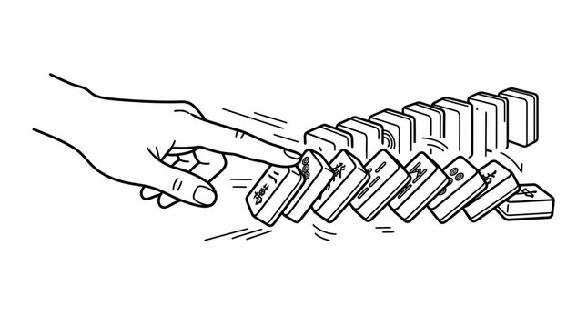 Hand pushing falling tiles in mahjong vector domino effect