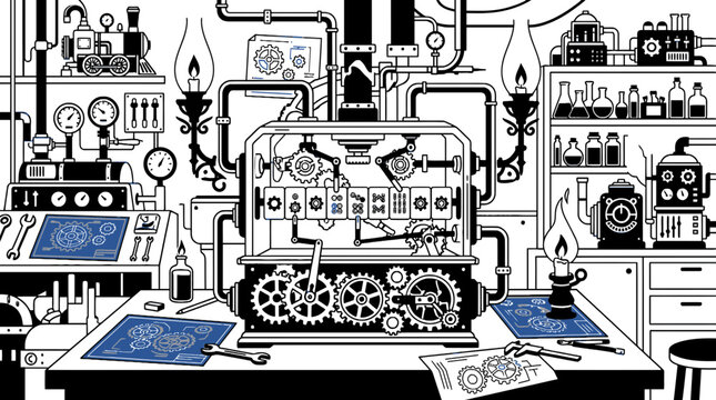 Steampunk mechanical laboratory scene featuring mahjong vector tiles