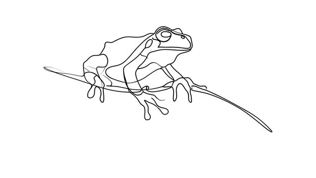 Line art frog on branch white background.