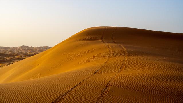 Tracks are left on a sand dune in the desert as a vehicle drives over the soft sand. The sunlight casts a warm glow on the dune's surface during late afternoon.