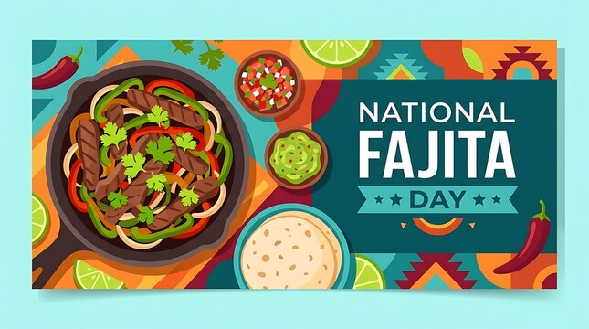 Beef fajitas garnished with cilantro, minimal National Fajita Day text, modern vector banner