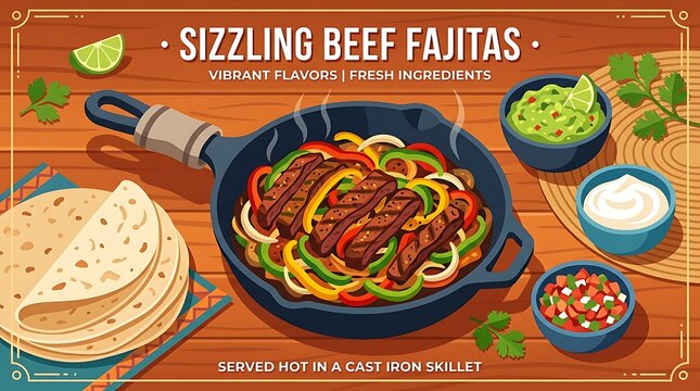 A clean, flat vector banner, a bright food motif, and beef fajitas cooked in a cast-iron skillet