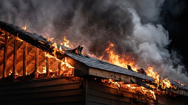 House on fire with roof engulfed in flames and thick smoke. Home insurance claim concept. Residential property destruction during building blaze. Emergency disaster and safety danger.
