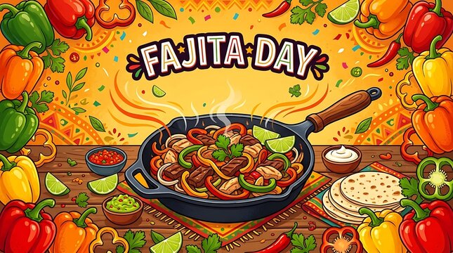 Bright vector banner, minimum Fajita Day lettering, and bell peppers encircling a scorching skillet