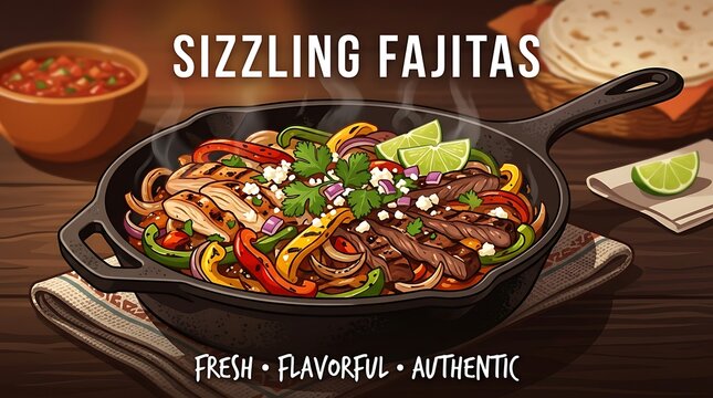 Cast iron skillet filled with sizzling fajitas, minimal text, clean vector food banner