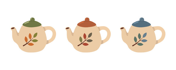 Fototapeta premium Cozy ceramic teapots collection with autumn leaves. Cute kitchenware set with hot tea pots and seasonal botanical elements. Flat vector illustration isolated on white background.