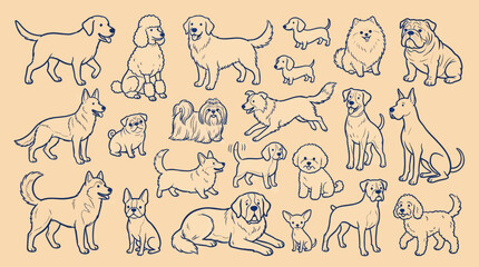 Obraz premium Collection of Diverse Dog Breeds Illustrated in Outline Style on Beige Background Vector
