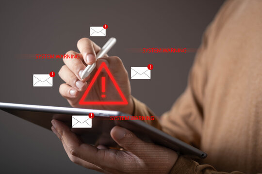 Cybersecurity alert, phishing attack concept featuring system warning notifications, suspicious emails, and a digital threat symbol, representing cyber risk, network monitoring, information security.