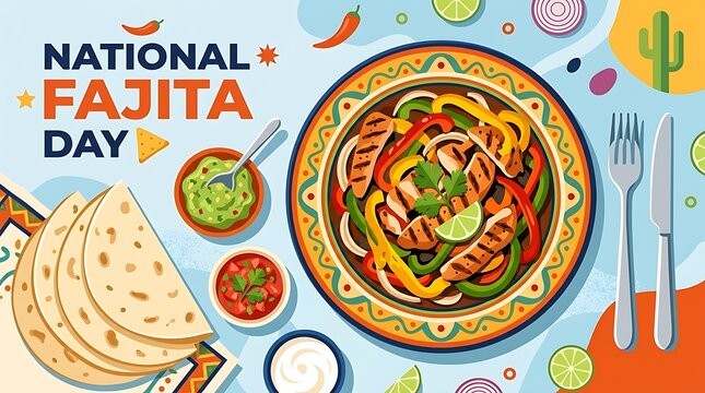 Minimal National Fajita Day typography, chicken fajitas with grilled veggies, and a contemporary flat vector design