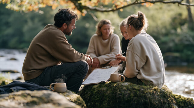 Project management team seated on mossy boulders beside a forest stream reviewing handwritten workflow charts on clipboard, organic ceramic mugs steaming nearby, autumn canopy