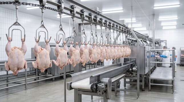 Chicken carcasses moving on conveyor belt in automated poultry processing plant. Industrial slaughterhouse production line with automated equipment for meat food manufacturing factory.