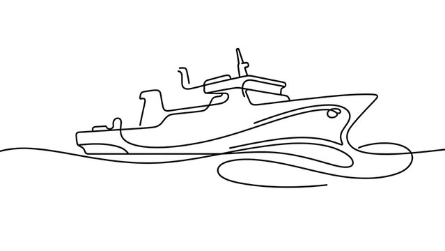 Minimalist line art ship drawing white background.